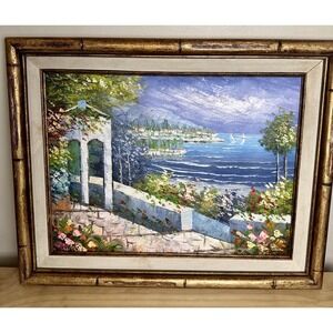 VTG Signed Oil On Canvas Mediterranean Seascape Painting Wood Framed 19x15" Ship